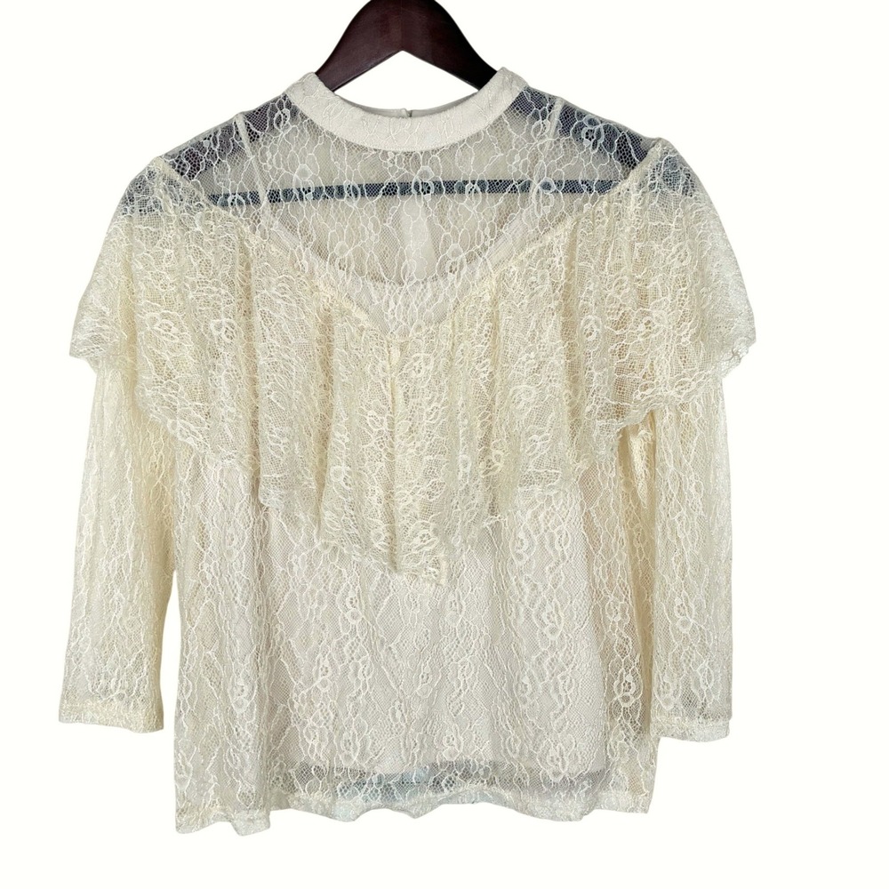 Womens Top Sz S Victorian Lace Ruffle Boho Cream Romantic Cottage Sheer Regency